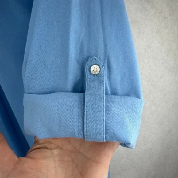 J Jill Blue Cotton Long Roll Up Sleeve V Neck Top Sz M Beachy Comfy Lagenlook - Picture 9 of 12